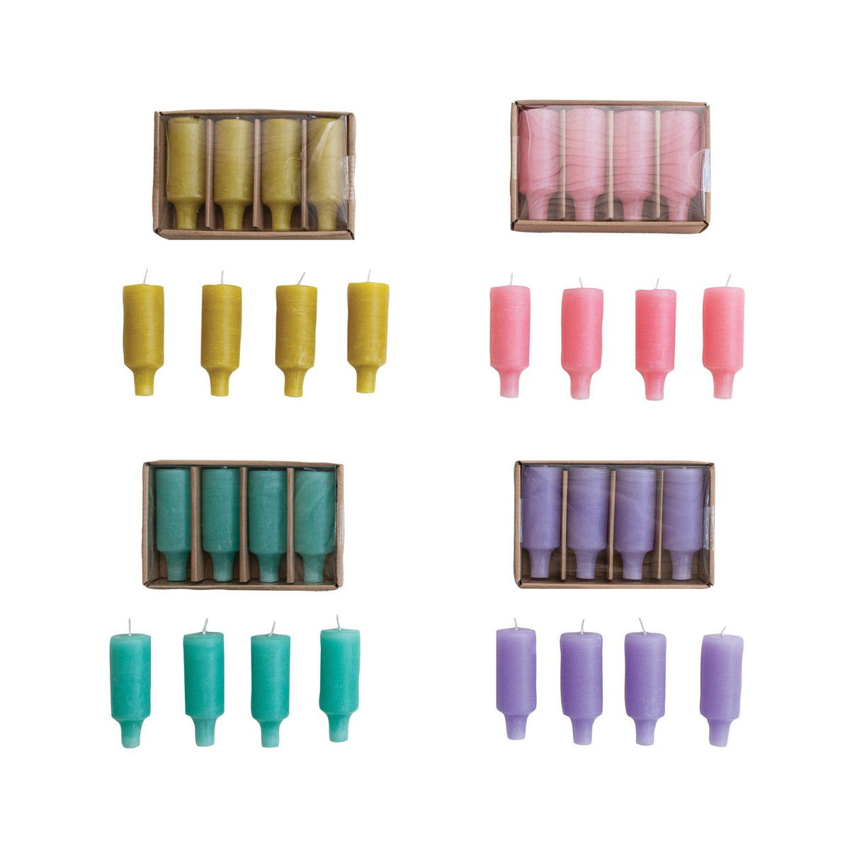 Unscented Bottle Taper Candles in Box, Set of 4, 4 Colors