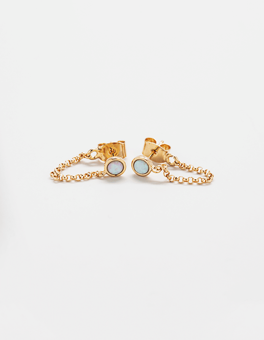 Gold Opal Semiprecious Gemstone Chain Huggie Earrings