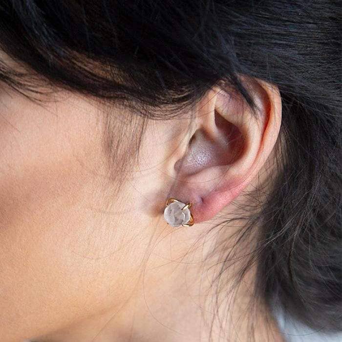White Quartz Semiprecious Gemstone Gold Claw Stud Earrings