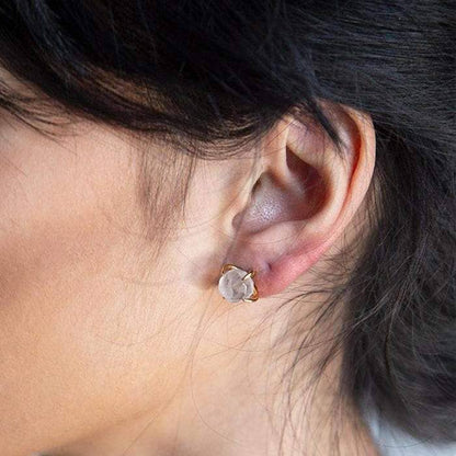 White Quartz Semiprecious Gemstone Gold Claw Stud Earrings