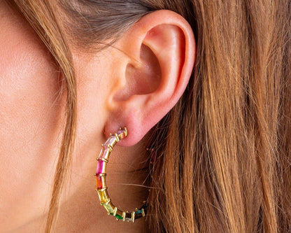 Reese Gold Plated w/ Colorful Gems Hoop Earrings