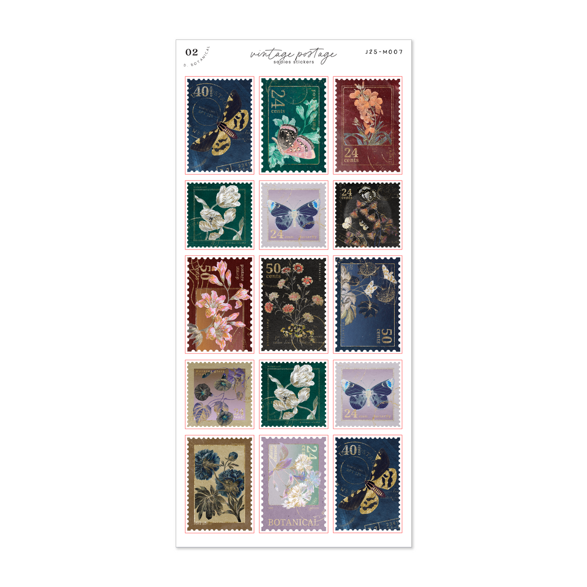 Dark Botanical Vintage Postage • Journal Sticker Sheet