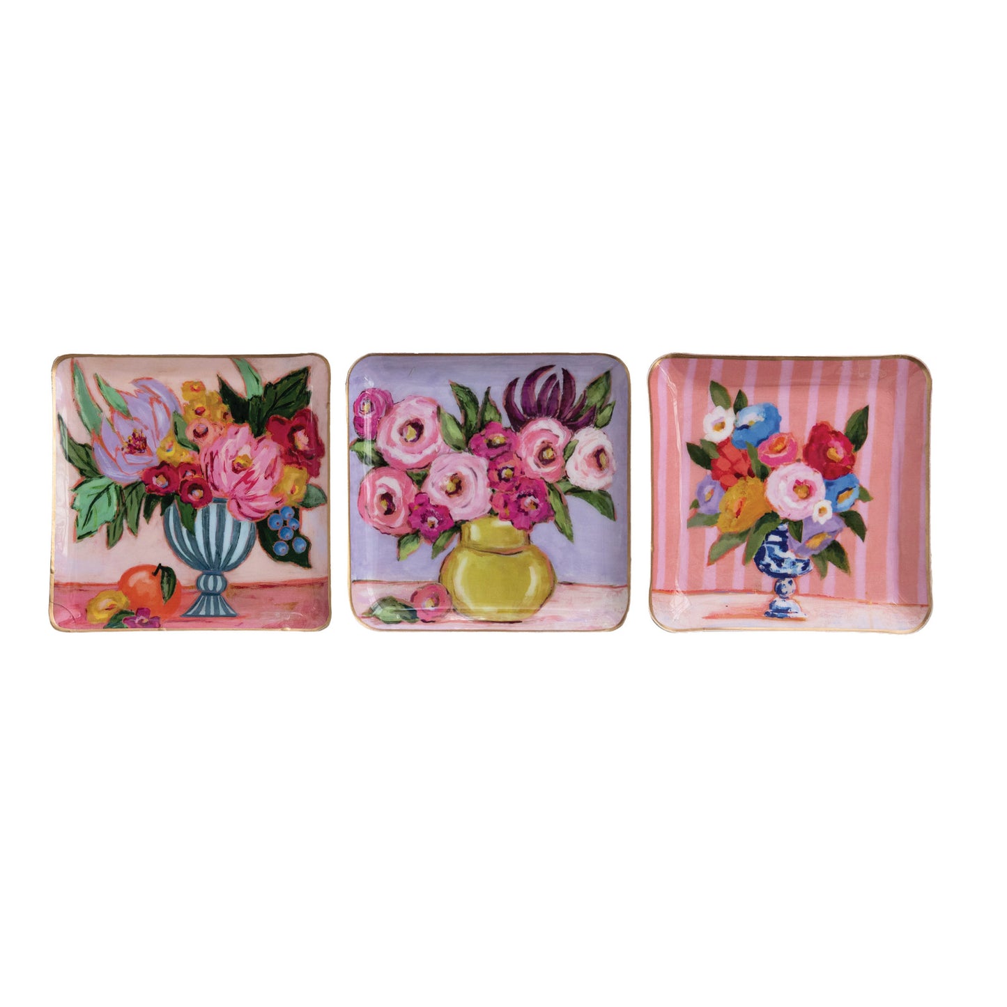 Artsy Flowers Metal Tray with Gold Edges