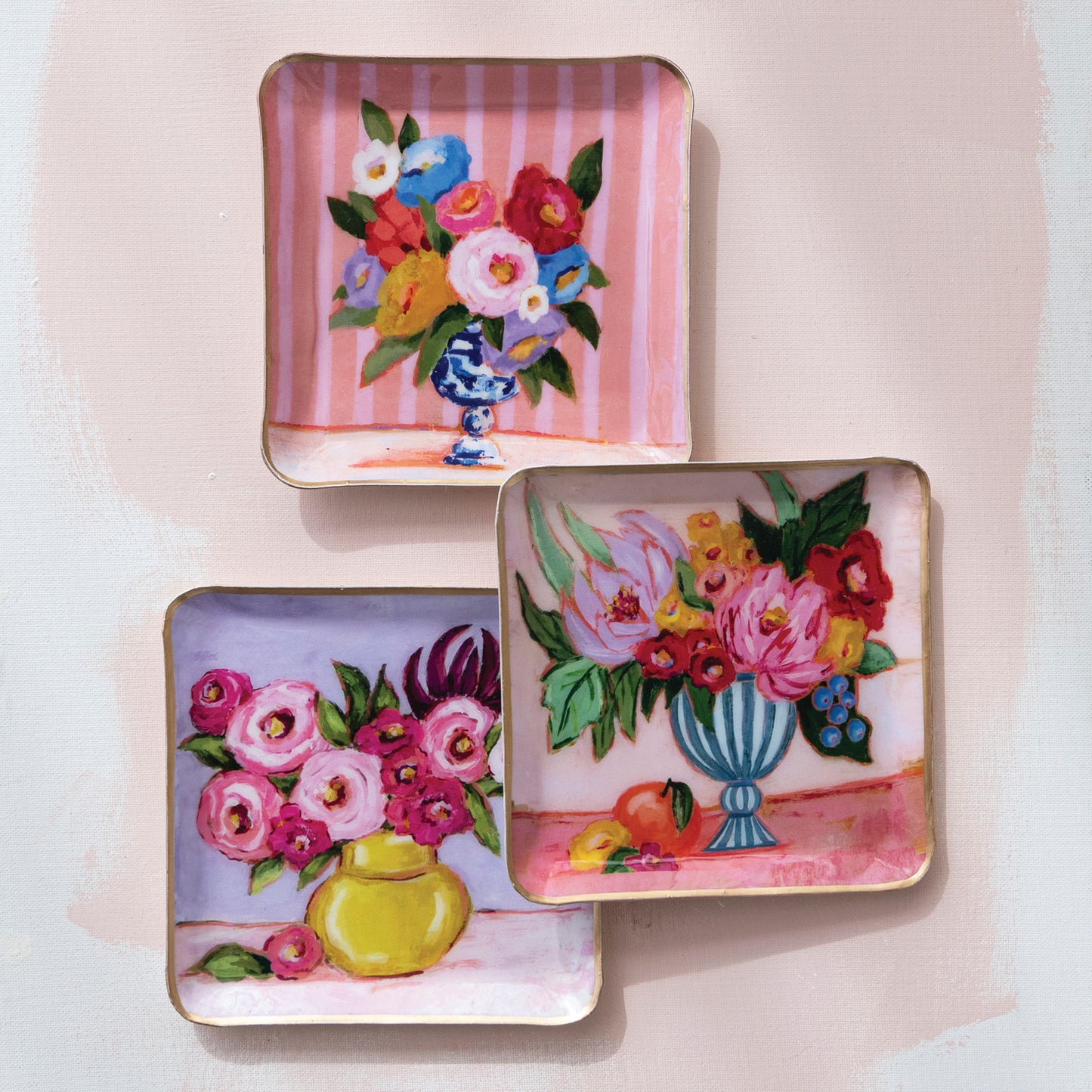 Artsy Flowers Metal Tray with Gold Edges