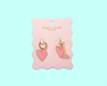 Jane Pink Enamel Heart Charms Huggie Earrings
